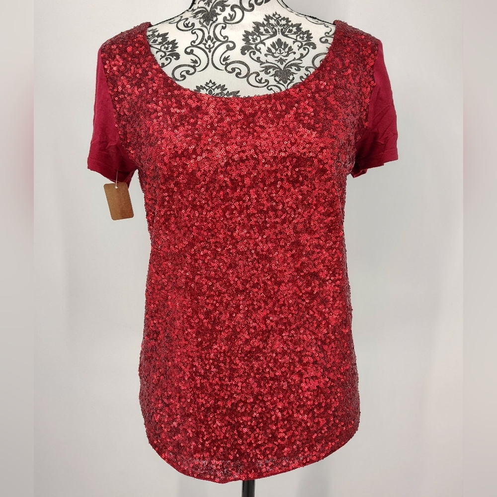 i jeans by Buffalo Sparkling Red Sequin Short Sleeve Blouse Size Women's Small